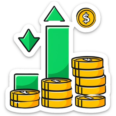 green upward arrow next to three stacks of gold coins in ascending height sticker