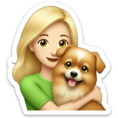 light-haired-girl-with-green-eyes-with-braces,-hugs-her-pomeranian-dog,-red Download emoji sticker