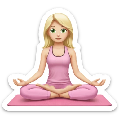 blonde long-haired yoga girl, green eyes, light pink yoga clothes, sitting on a yoga mat in meditation pose, emoji style sticker