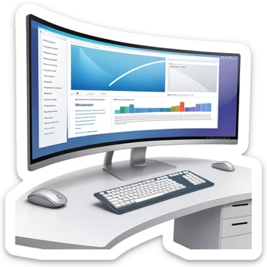 Create an emoji for UX/UI design. Show  large curved monitor displaying windows with UX/UI design HTML program interface. Include a mouse, keyboard, and stylus next to the screens. Use modern, professional colors. Do not include any emojis or smiley faces. Make the background transparent. sticker