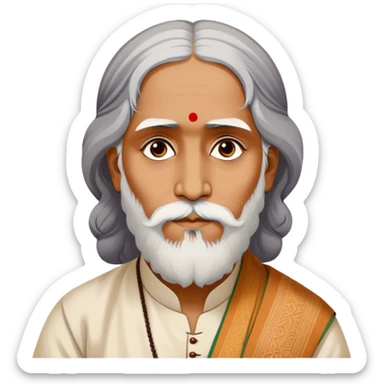 Rabindranath Tagore – Cinematic Realistic Portrait of Rabindranath Tagore, depicted with thoughtful, soulful eyes and gentle features, dressed in traditional Bengali attire with subtle artistic motifs, bathed in warm, soft lighting that evokes his poetic genius and timeless wisdom. sticker