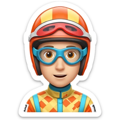 horse race jockey portrait, head and shoulders only, bright patterned racing uniform, helmet and goggles, energetic expression, 3D cartoon, mobile game icon style, clean background, no text, no watermark
 sticker