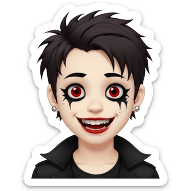 Laughing pale Goth boy with a bunch of face piercings, with shaggy dark brown hair, and messy black eyeliner , smudged, red, lipstick  sticker