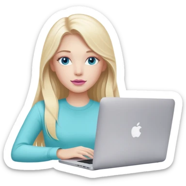 blonde long hair girl using macbook emoji. she has blue eyes and there is tatcha longevity cream (teal colour) and Summer fridays lip balm (pink sugar) in front of the laptop sticker