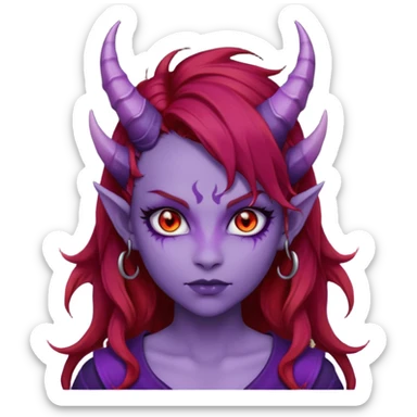 Demon Girl Purple Skin Dragon Horns Black Eyes Red Glowing Pupils Auburn Haired Red Shirt  sticker