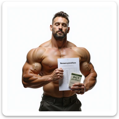 hyper realistic bodybuilder with defined muscles and serene expression holding a PCT chart and a brochure with Italian text 'Recupero psicofisico', supplements next to him, wellness atmosphere, caption 'PCT: funzione sessuale e psicofisica', isolated on white background sticker