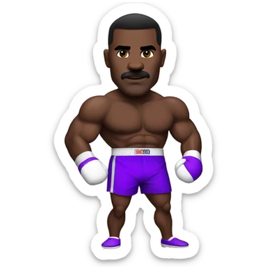 Evander Holyfield in his prime, in boxing attire, purple shorts, with guard half up sticker