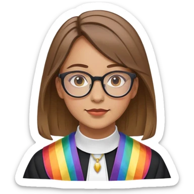 female brown hair light skin with glasses add clergy collar, and rainbow stole, medium length hair sticker