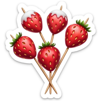 three strawberries on a wooden skewer coated in shiny sugar glaze sticker