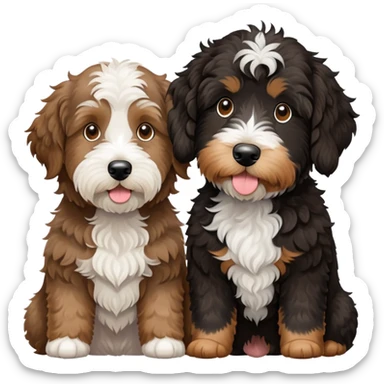 2 dogs: one light brown Aussiedoodle, one all-black Bernedoodle with white eyebrows some white markings, no brown coloring. Both same size. sticker