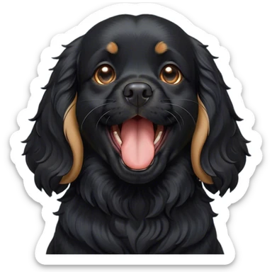 Cinematic Cute Yawning Black Cocker Spaniel Portrait Emoji, Head tilted slightly with a dramatic, wide-open yawn, showcasing a sleek black coat with subtle tan highlights, floppy ears slightly drooping, round dark eyes barely open in drowsy contentment, Simplified yet irresistibly adorable features, highly detailed, glowing with a soft, cozy glow, high shine, relaxed yet expressive, stylized with a touch of whimsy, bright and endearing, soft glowing outline, capturing the essence of a sleepy yet affectionate companion, so drowsy it feels like it could stretch out of the screen and curl up for a nap! sticker