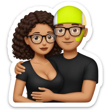 A picture of an embracing tanned couple. the man is a Mexican man with tanned skin, NO GLASSES, with a bald hair cut, short beard and wearing a black shirt. the woman is short with long curly dark brown hair and with big boobs. Put glasses on the woman.  sticker