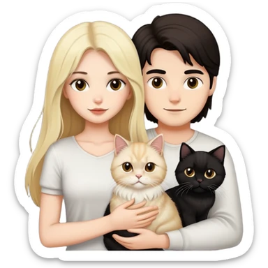 pretty girl with long dark hair holding a blonde persian cat beside her boyfriend holding a small black cat sticker