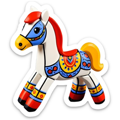 Dymkovo toy horse, traditional Russian clay figurine with colorful geometric patterns, white base with red, blue and yellow decorations sticker