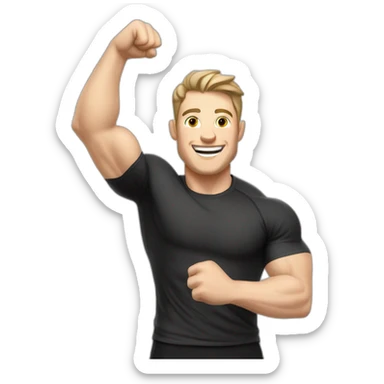 Joyful Celebrating victory Pale skinned Fit Man With the biceps and dark brown hair in black shirt, gray sports shorts and white Sneakers sticker
