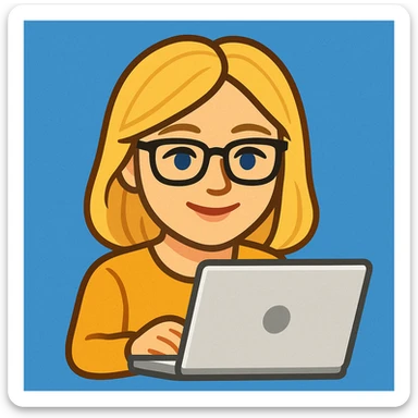blonde writer woman wearing glasses working on a laptop, twitter style emoji sticker