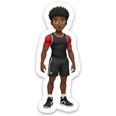 Ripped, athletic man with thick neck, high top fade with no part, curly hair only top only, no shirt and show waistline up, black shorts and more man face sticker