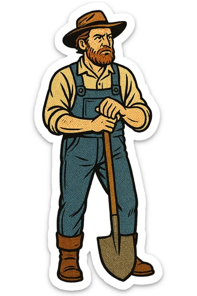 The full body of a male middle aged American homesteader from the 1850s holding a spade sticker