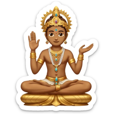a golden statue of a Hindu deity seated in a cross legged posture with one hand in a blessing gesture, adorned with ornate jewelry�. The figure sits on a decorated pedestal, radiating a sacred and traditional aura�. sticker