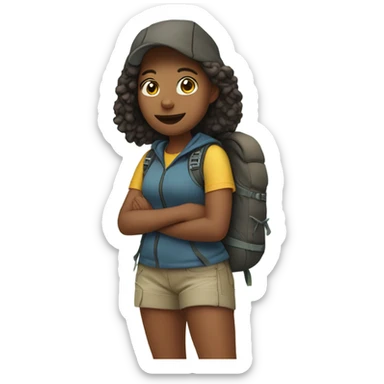 Young adult girl hiking with shorts and a hoodie and a backpack sticker