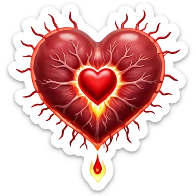 Glowing pieces of red meat floating around a red blood cell that shines brightly like a torch. Streams of light connect the blood cell to a heart and muscles, showing how heme iron creates energy and vitality throughout the body. sticker