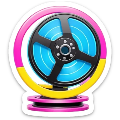 Bright, colorful icon symbolizing Animation and Motion Design with a transparent background. Include a dynamic motion effect, such as a spinning film reel or a stylized character in motion. Use vibrant colors like neon blue, pink, and yellow, with a modern, techy feel.  sticker