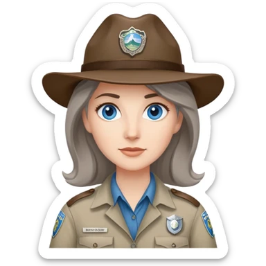 white woman park ranger with blue eyes and brown and gray hair sticker
