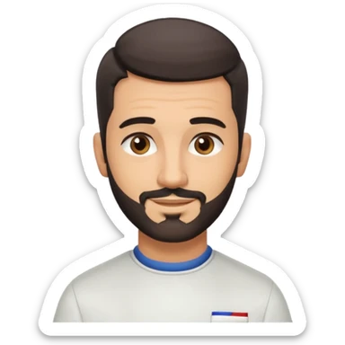 Apple-style 3D emoji of a male barber, dark graying straight hair styled forward in a crop haircut, light stubble beard, warm olive skin, brown eyes, friendly confident smile, slightly raised eyebrows, calm welcoming expression, soft studio lighting, clean background, high quality vector-like render sticker