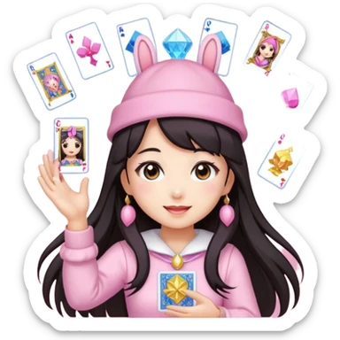 pixel art chibi gear asian girl with dark long hair in pink bunny ears hat magical girl with kawaii tarot cards thrown in air pixel emoji sticker