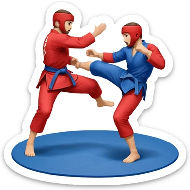 Two SAMBO fighters in blue and red uniforms engage in dynamic grappling and throwing techniques. One executes a powerful throw while the other tries to counter. The scene is set in a sports arena with a competition mat, capturing the intensity and motion of the martial art. Transparent background. sticker