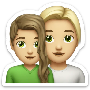 a blond boy with green eyes kisses a brunette girl with long straight hair and  green eyes on the cheek sticker