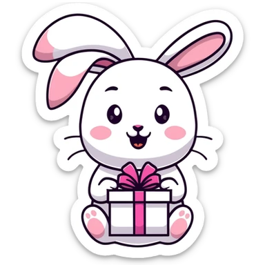happy cutie girl in bunny hat opening a glittery gift box sticker
