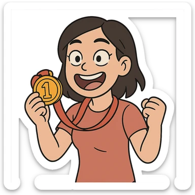 asian girl holding a medal, cartoon style, joyful expression sticker