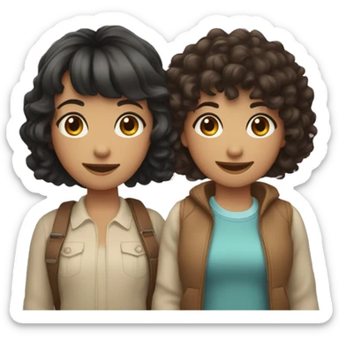 girl with short black curly hair and a girl with mid length brown hair with bangs holding hands and smiling  sticker