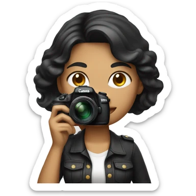 women photographer with black hair and light skin holding a camera canon sticker
