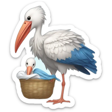 White stork carrying a blue bundle of cloth in its beak that has a human person cute baby with and the human baby head is peeking from the fabric bundle the strok is carrying with its beak sticker