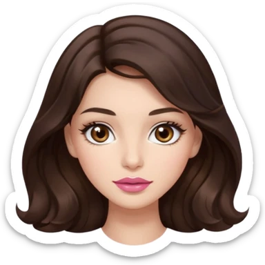 girl with wavy long glamorous dark brown hair, brown eyes, light to medium complexion, long lashes, almond shaped eyes, light pink lipstick, square shaped face sticker