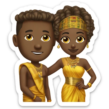 Ghanaian brown skin bride and brown skin groom. Gold jewelry and gold head with kente one shoulder dress. Kente toga sticker
