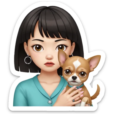 a pretty Asian girl, with hair bangs, pale skin, wearing a pair of hoop earring,with manicure holding a chihuahua in her, angry sticker
