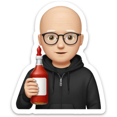 bald white guy with glasses, alopecia no eyebrows, wearing a black hoodie and black beanie, holding a bottle of ketchup in one hand and a bottle of whiskey in the other sticker