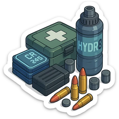 the image is the icon for a videogame  item. futuristic cyberpunk -ready to equip- it is master craftsmanship [ unequipped item ]
It is a pile of miscilaneous loot, some ammunition, credits, first-aid, and a hydrator, neatly bunched together, isometric view, orthographic - style of anime sticker