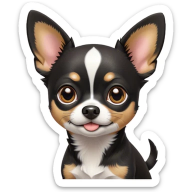 Cinematic Cute Black Tri Short Haired Chihuahua Portrait Emoji, Head tilted playfully and inquisitively, sleek black tri-color fur with bold patches of white and tan, round, sparkling dark eyes filled with curiosity, Simplified yet irresistibly adorable features, highly detailed, glowing with a warm, friendly glow, high shine, affectionate and lively, stylized with a touch of whimsy, bright and endearing, soft glowing outline, capturing the essence of a mischievous yet loving pup, so playful it feels like it could bound out of the screen and into your arms! sticker