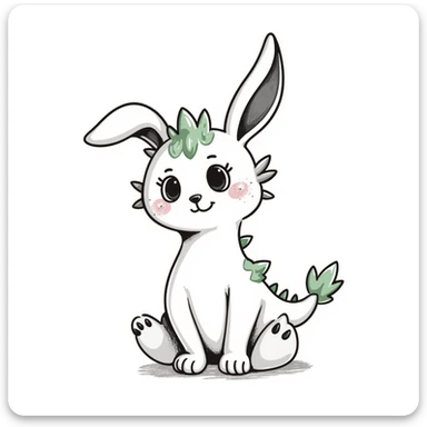 Kawaii bunny plant dragon with tiny spikes, extremely cute, giant sparkly eyes, blushing cheeks, pastel colors, small mouth, adorable expression, colored pencil texture, visible pencil strokes, soft blending, textured shading sticker