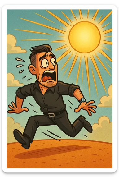 Uomo che corre via dal sole spaventato perchè pensa sia nocivo sticker