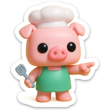 A Funko Pop-style pig chef pointing to the right, wearing a green apron and holding a spatula, cartoonish and cute. sticker