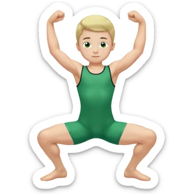 Little boy in a green sleeveless u-neck legless leotard flexing his arms and bending his knees sticker