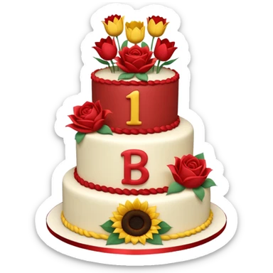 A large three teir cake with first mayer decorated with roses, second with Sunflowers and third with Tulips and Happy Birthday Dear written on top. sticker