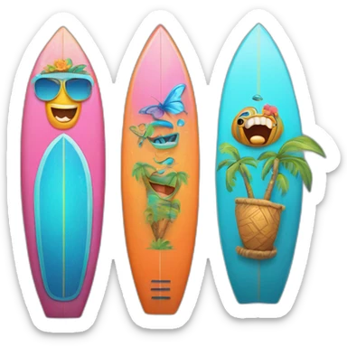 A surfboard Cartoon Blue and orange tiki smiling with butterfly and and Cartoon Blue and pink tiki singing with butterfly and mikrophone sticker