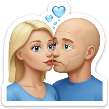 middle age bald man with salt and blonde scruff, blue eyes and blonde woman with blue eyes kissing each other sticker