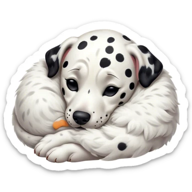 Meme-Worthy Cute Sleeping Spotted Dalmatian Portrait Emoji, Head resting peacefully with a contented smile, showcasing a delightfully majestic build and a luxuriously soft Fur of predominantly white with bold black patches, eyes shut in a serene nap, Simplified yet hilariously adorable features, highly detailed, glowing with a soft, drowsy light, high shine, relaxed and utterly lovable, stylized with an air of playful laziness, bright and heartwarming, soft glowing outline, capturing the essence of a comically sleepy guardian, so meme-worthy it feels like it could instantly become the next viral sensation of adorable slumber! sticker